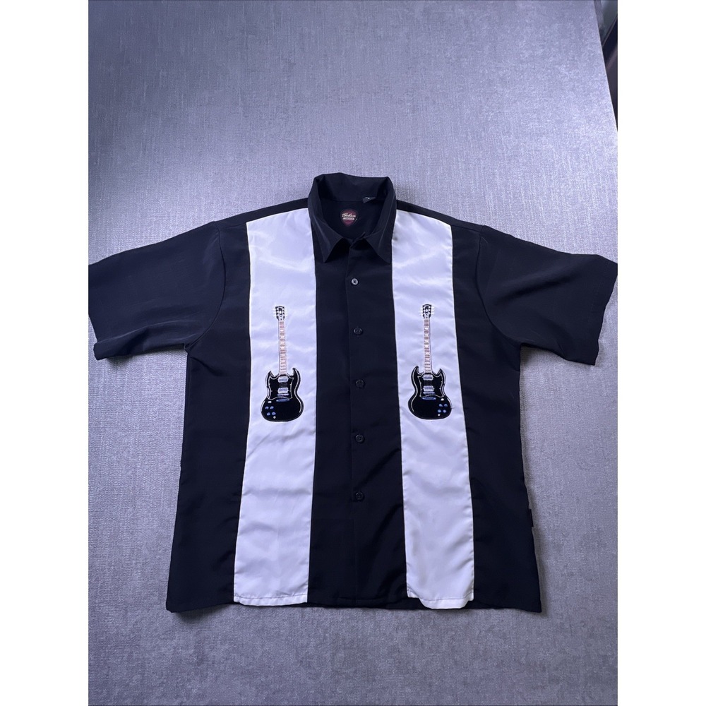 Vintage Gibson Tour Wear Shirt Men's L Black White‎ Rockabilly Bowling Button Up